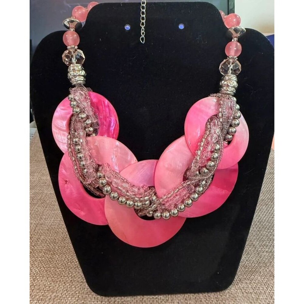 Chunky Pink Mother of Pearl Statement Necklace Multi Strand Seed Bead Shell 18"